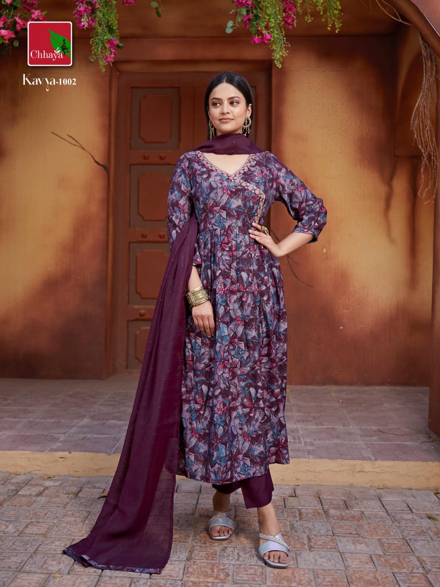 Kavya By Chhaya Kediya Style Neck Long Embroidery Kurti With Bottom Dupatta Wholesale Clothing Suppliers In India